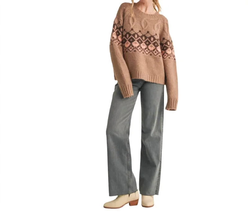 Evening Elegance Cable Knit Fair Isle Sweater In Brown