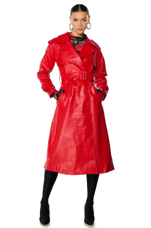 Wardrobe Refresh AU REVOIR FAUX LEATHER TRENCH IN RED