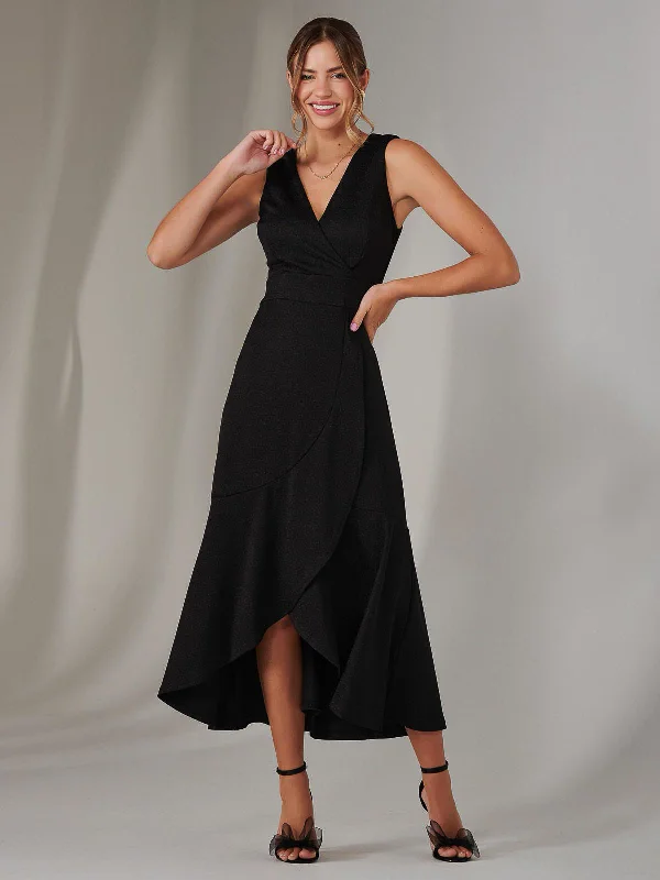 Eclectic Style Wardrobe Wrap Frill Hem Maxi Dress, Black