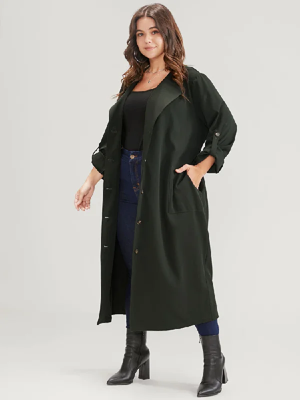 Limited Time Deal Solid Cuffed Sleeve Belted Pocket Button Up Trench Coat